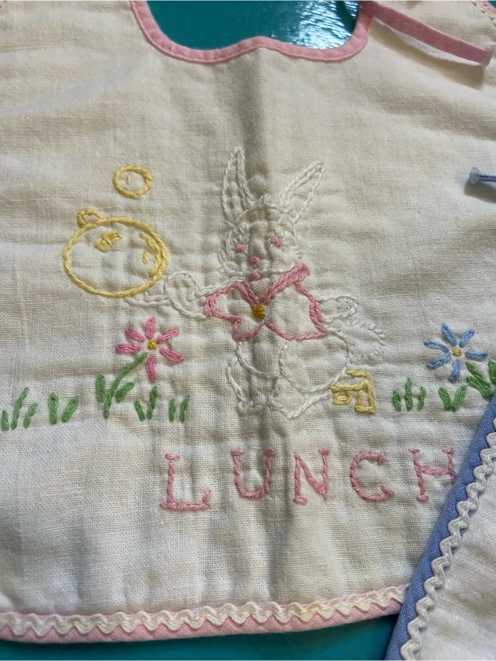 Embroidered Baby Bibs Vintage in Pink & Blue Trim with Bunny and Kitty and Puppy